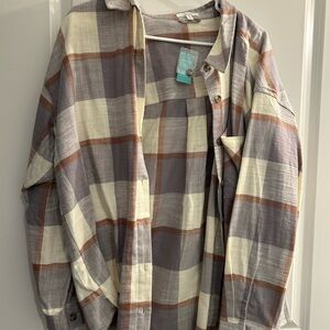 Maurices Plaid Button-Down Shirt in Cream, Gray & Brown Tones